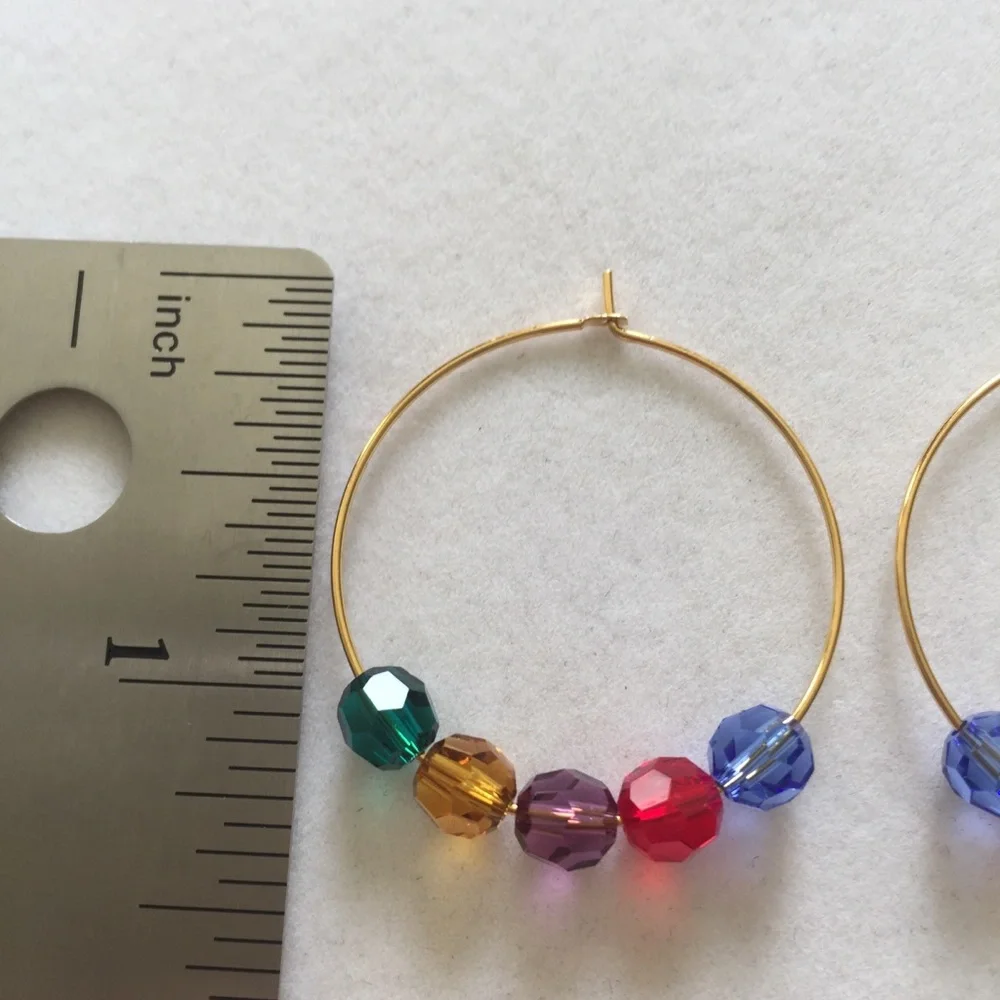 HAND CRAFTED Hoop Earrings Jewel-tone Swarovski Crystals Goldtone Hoops Rainbow